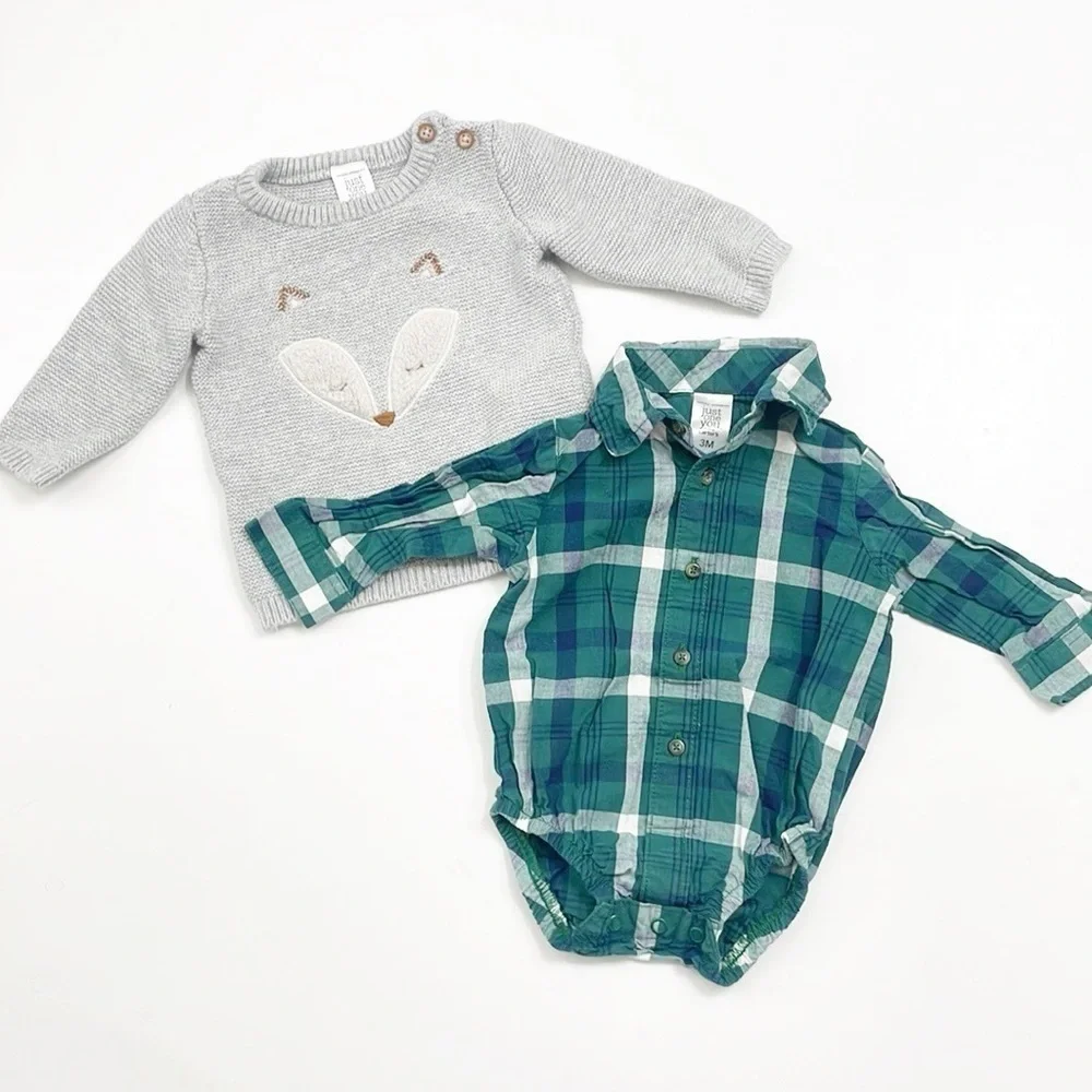 Carter's baby boys fox sweater + plaid button down bodysuit